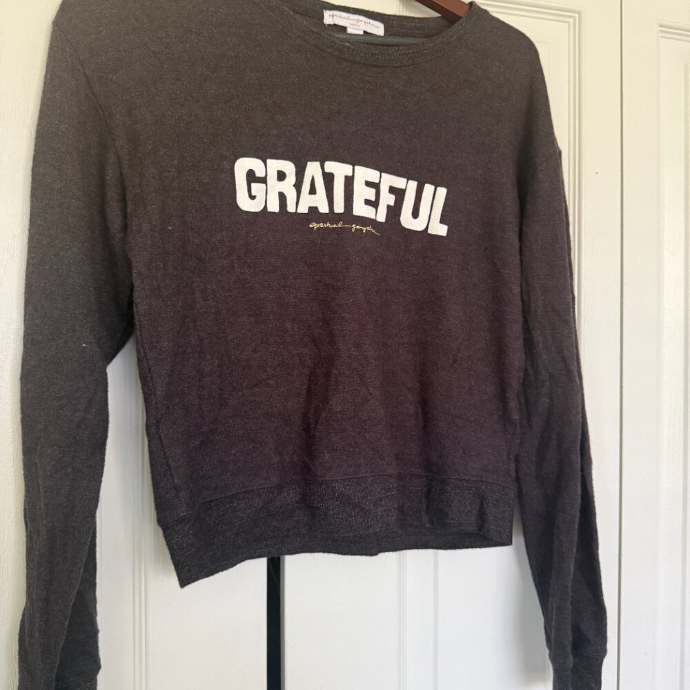 Spiritual Gangster Pullover "Grateful" Sweater- M- Heathered Gray - Picture 3 of 7
